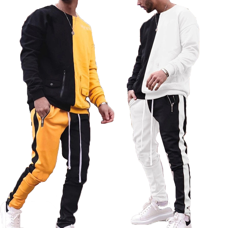 Wholesale Men Street Wear Tracksuit Contrast Color Sweatshirt Jogging Sweatsuit 2pcs Set 